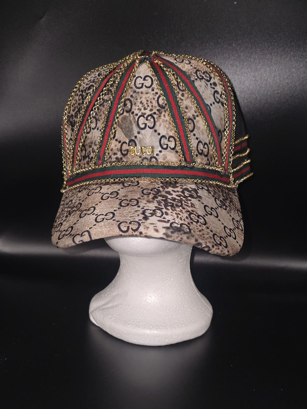 Beige Monogram Leopard Print Baseball Cap with Signature Stripe